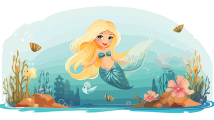 Obraz na płótnie Canvas Pretty mermaid with long blonde hair and blue fish