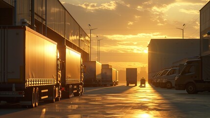 industrial warehouse with parked trucks, sunset lighting.