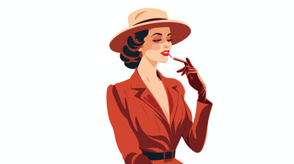 Pretty woman in vintage apparel hold mouthpiece vec - obrazy, fototapety, plakaty