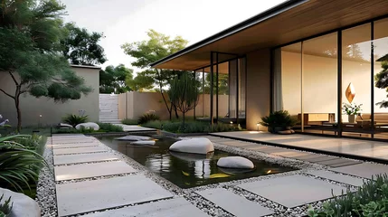 Fotobehang modern front yard with zen garden featuring tall green trees, a large building, and a black pot © YOGI C