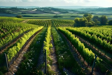 Naklejka premium vineyard landscape interspersed with blooming wildflowers in spring