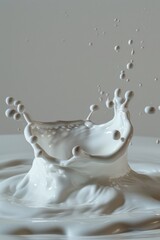 Detail of a milk splash with multiple droplets in midair, focusing on the movement and fluid dynamics, plain background,