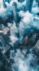 Drone shot of glass skyscrapers from above, reflecting the clouds in a bustling city center, space for branding,