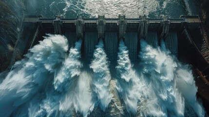 Dynamic angle on water jets shooting from a hydroelectric dams spillways, showcasing renewable energy in action,