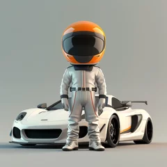 Fotobehang Stylized 3D animation character in white race suit and orange helmet with luxury car © InkCrafts