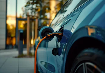 Fotobehang Electric car charging at an urban station, power cable connected, sustainable energy concept © InkCrafts