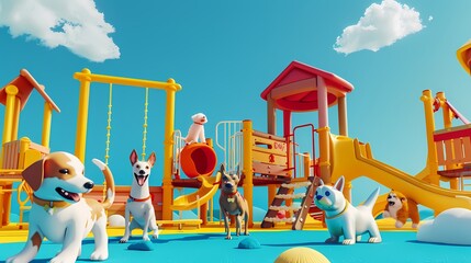 Cartoon dogs of various breeds playing joyfully in a vibrant, colorful playground with slides and climbing structures under a clear blue sky.
