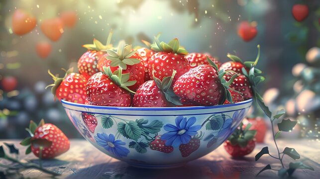 Picture of strawberries in a beautiful bowl, fresh, clean, and delicious to eat, strawberries in a bowl