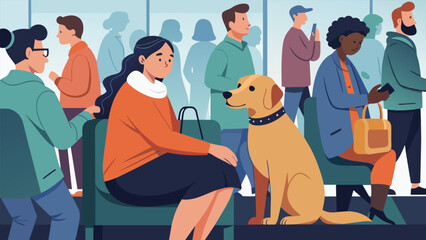 A person receiving comfort from their guide dog as they sit in a packed waiting room overwhelmed by the noise and people.. Vector illustration