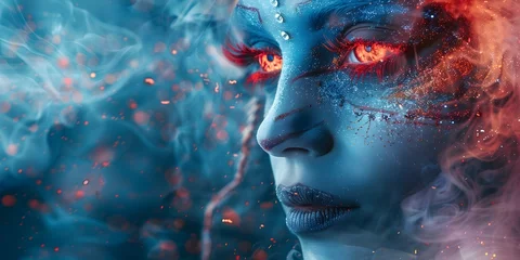Fotobehang Fantastical Makeup and Special Effects Tutorial Concept Ethereal Digital Portrait of Woman with Fiery Gaze and Otherworldly Aura © Thares2020