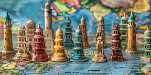 Vivid Miniature Replicas of Ancient Architectural Wonders Adorning a Global Map Board Game Surface with Rich Historical and Geographical Details