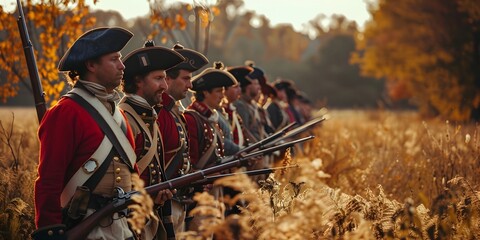 Colonial Military Reenactment in Autumnal Battlefield Setting