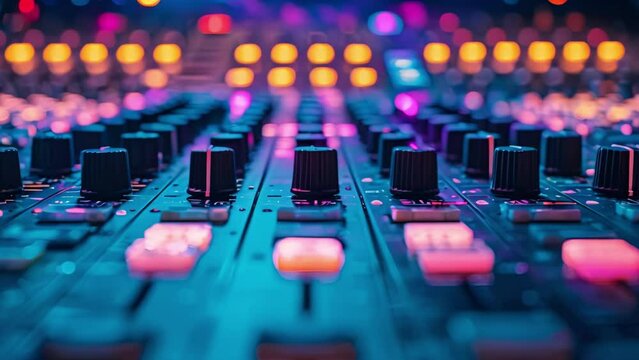 Close-up view of an audio mixing console in a professional sound studio during a live broadcast. Concept Audio Mixing Console, Professional Sound Studio, Live Broadcast, Close-Up View