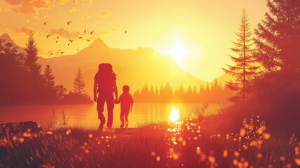 Family and Lifestyle Outdoor Adventure: A 3D vector illustration of a family enjoying an outdoor adventure
