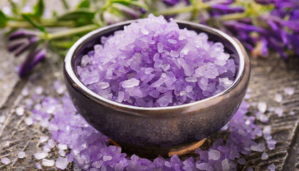 Obraz na płótnie Canvas Close up lavender sea salt in bowl. Spa, wellness and body treatment, cosmetic product
