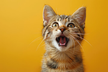 A photo of an excited cat, looking up with its mouth open and eyes wide in anticipation against a solid yellow background. Created with Ai