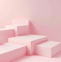 3D rendering of pink pastel podium. Abstract minimal scene with geometrical figures. Pedestal or platform for product presentation.