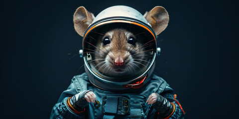 Happy astronaut mouse with hands on hips wearing spacesuit and smiling broadly