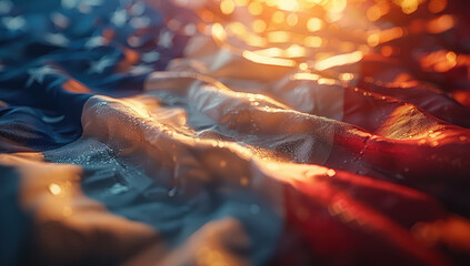 A closeup of the American flag, bathed in warm sunlight, with bokeh effects creating an ethereal atmosphere. Created with Ai