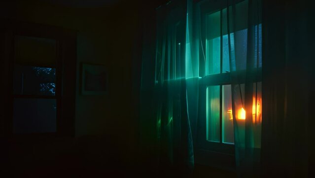 Video animation of dimly lit room, with the focal point being a window