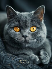 Gray Cat With Yellow Eyes Laying Down