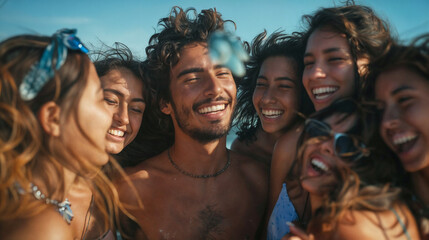 Fototapeta premium Young happy smiling man in the center. Girls and boys having fun on the sea beach. The pleasure of relaxation and vacation. A group of people on a beach party, with the sky in the background