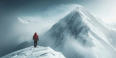 Adventurous hiker enjoying breathtaking view from snowy mountain peak with majestic peaks in the background