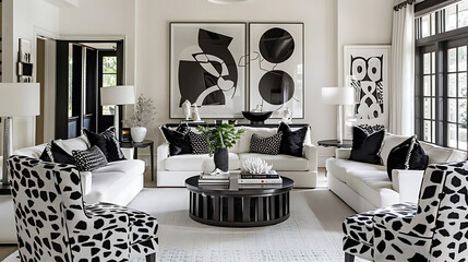 modern living room with monochrome color scheme featuring a white couch, black and white chairs, an