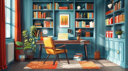 Interior Design: A vector illustration of a home office with a desk, chair, bookshelves, and inspirational decor