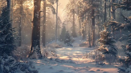 A winter pine forest with a fresh snow blanket and a quiet ambiance