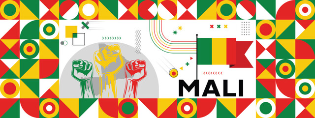 Flag and map of Mali with raised fists. National day or Independence day design for Counrty celebration. Modern retro design with abstract icons. Vector illustration.