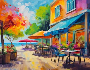 Outdoor cafe near the sea (acrylic painting).