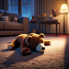 A brown teddy bear sits on the floor in a toy room