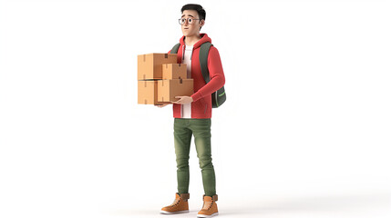 Cute cartoon funny сasual guy wears fashion clothes red hoodie, green jeans, brown sneakers, carries heavy cardboard boxes in hands, balances. 3d render isolated white background