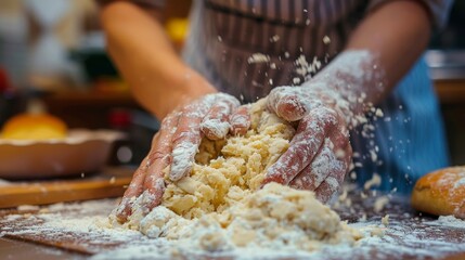 Kitchen and Cooking: A photo of a person's hands kneading dough on a floured