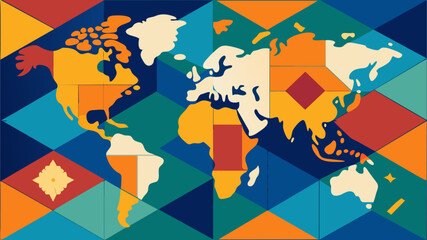 An intricate quilt featuring a map of the world with each continent represented by a different pattern and color symbolizing the idea of global unity. Vector illustration