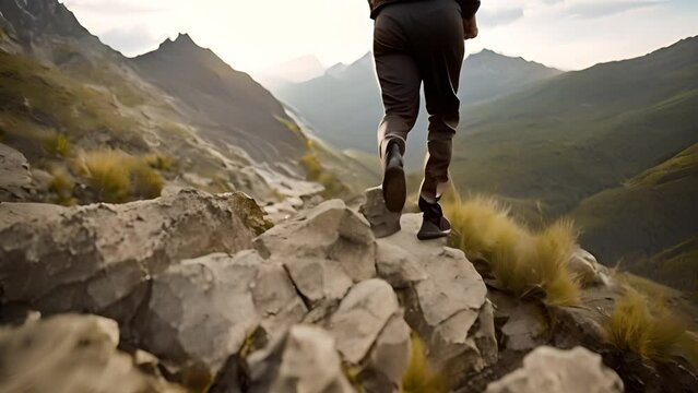 Person Walking on Rocky Trail in Mountains Generative AI