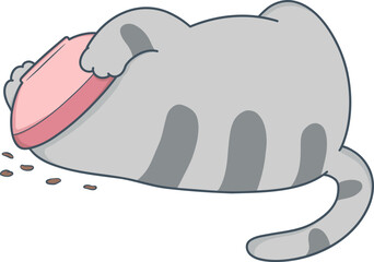 cat is laying on the ground with a pink bowl in its mouth