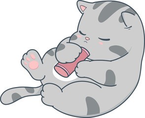 cartoon cat is sleeping with a red toy in its mouth