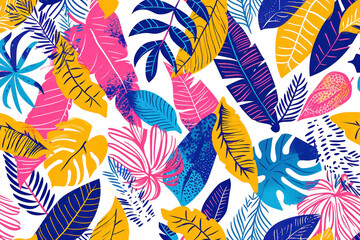 Tropical Leaves and Palm Fronds Seamless Pattern on White Background for Summer Design and Textile Printing