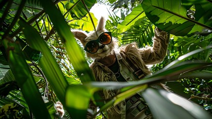 Fototapeta premium Stylish Anthro Sloth Embraces Jungle with Confidence in Fashionforward Attire Generative ai