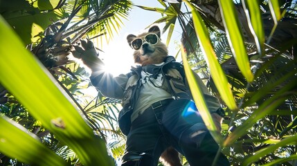 Obraz premium Stylish Anthro Sloth Embraces Adventure in a Fashionable Tropical Jungle Expedition Generative ai