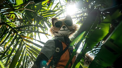 Fototapeta premium Fashionforward Anthro Sloth Confidently Explores Vibrant Jungle in Stylish Sunglasses Generative ai