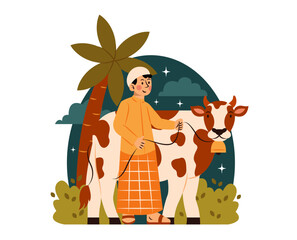 A man with a cows for sacrifice on Eid al-Adha day illustration. Eid Al-Adha concept illustration.