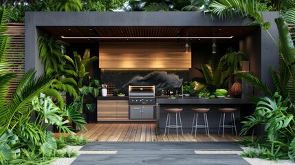Outdoor Living: A 3D vector illustration of a modern outdoor kitchen with a grill, countertop