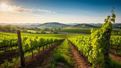 vineyard landscape interspersed with blooming wildflowers in spring