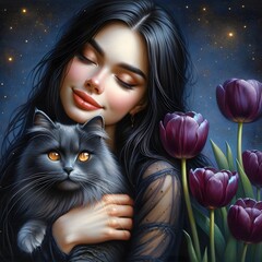 Serene Embrace: A Woman with Lustrous Dark Hair Tenderly Holding a Grey Cat Amongst Purple Tulips