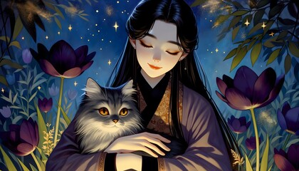 Starry Night and Tender Moments: Anime Style Portrait of a Woman with Dark Hair Cradling a Grey Cat among Night Blooming Flowers