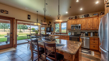 open kitchen with backyard view featuring a stainless steel refrigerator, microwave, and wood chair