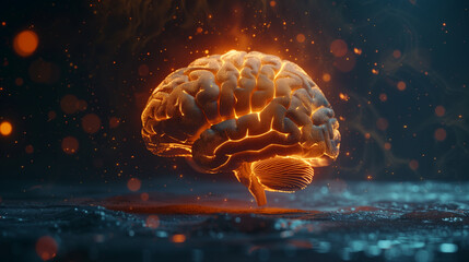 a human brain, side view, highlighted areas indicating cognitive functions, set against a dark background with spotlights, Generative AI